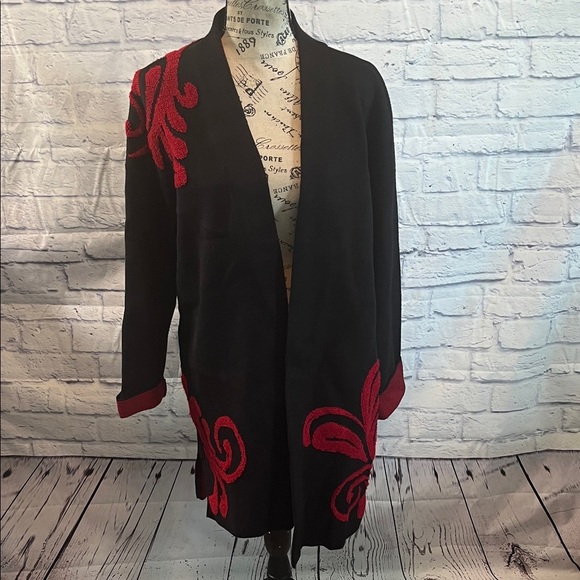 Chico’s Long Open Cardigan Sweater Duster Black with Red Design Chicos Size 2 - Picture 2 of 9